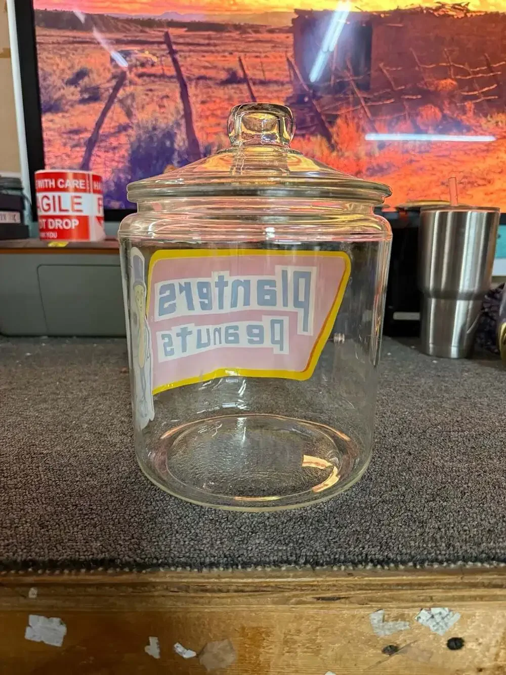 Vintage Planters Peanuts Glass Advertising Counter Jar with Lid
